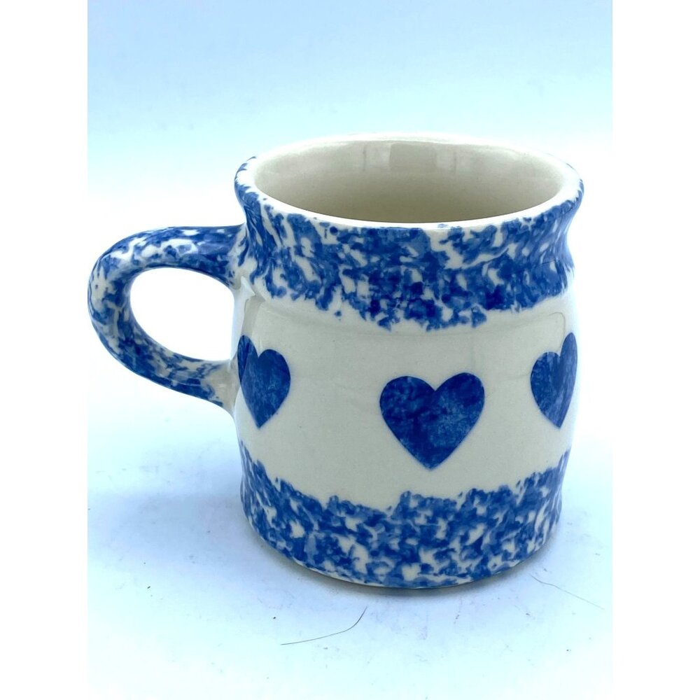Roseville Ohio Blue and White Spongeware Hearts Pottery Coffee Mug